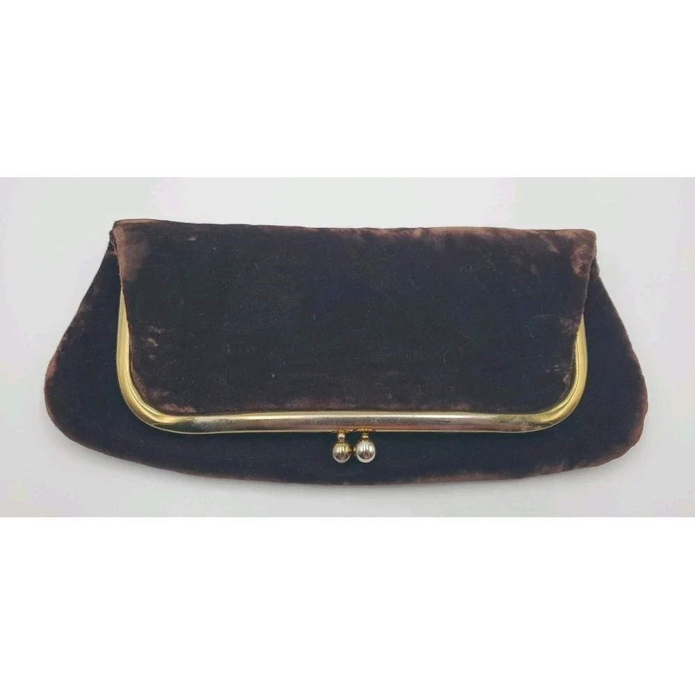 Vtg JR USA Velour Evening Hand Bag‎ Purse Clutch Large Folding Kiss Lock Brown
